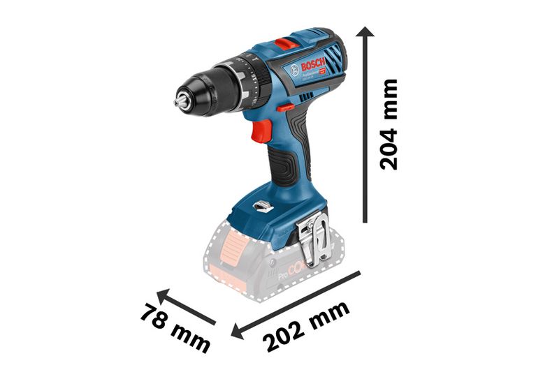 Perceuse-visseuse sans fil Bosch GSB 18V-28 d'une hauteur de 204 mm.