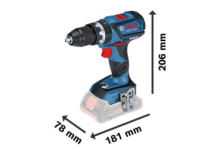 Perceuse-visseuse sans fil Bosch GSB 18V-60 C avec dimensions de taille.