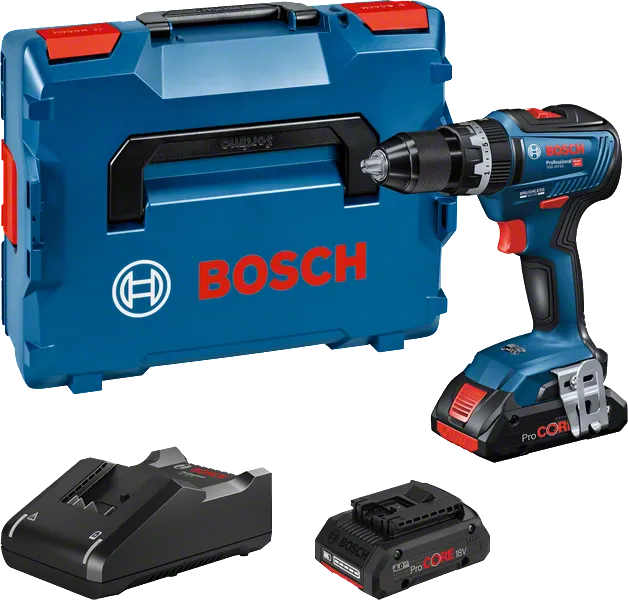 Ensemble de perceuse-visseuse sans fil Bosch GSB 18V-55 avec coffret et batterie.