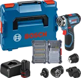 Ensemble de perceuse-visseuse sans fil Bosch GSR 12V-15 FC avec accessoires.