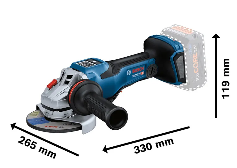 Meuleuse d'angle sans fil Bosch GWS 18V-15 PSC avec dimensions.