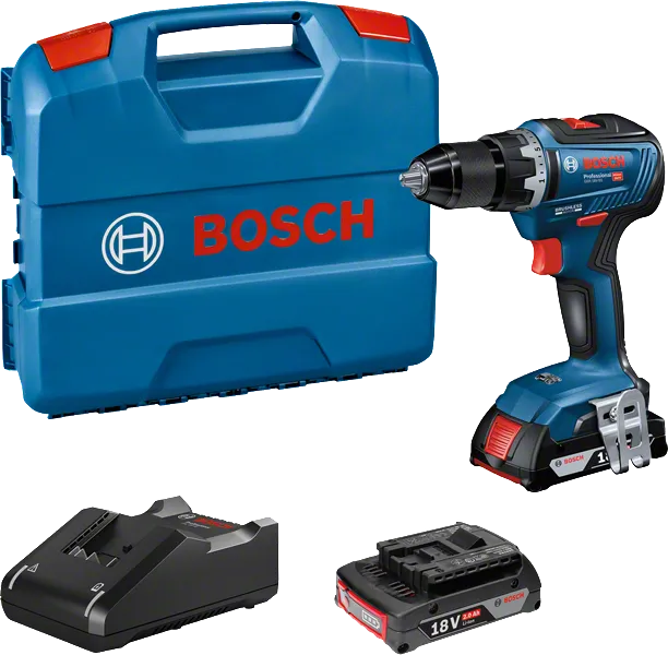 Ensemble de perceuse-visseuse sans fil Bosch GSR 18V-55 avec batterie et chargeur.