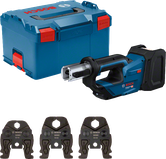 Outil de presse sans fil Bosch 18V-19 avec étui et mâchoires de presse.