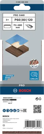 Bande abrasive Bosch PRO X440 75x480mm G60 G80, lot de 3.