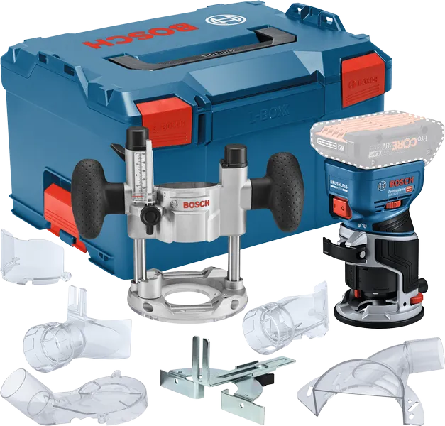 Ensemble de toupie sans fil Bosch GKF 18V-8 avec accessoires.
