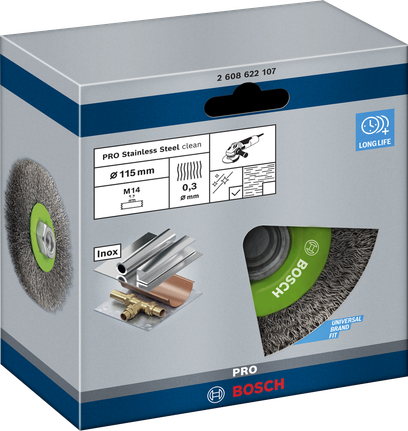 Brosse métallique de nettoyage Bosch PRO en acier inoxydable, 115 mm pour filetage M14.