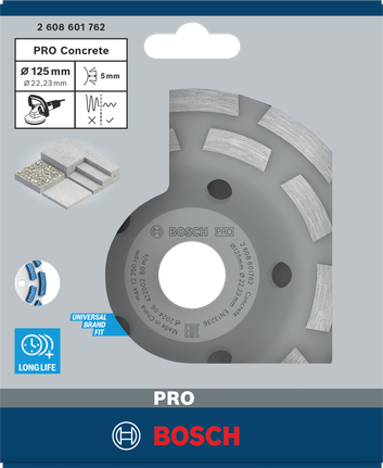 Tête de meulage pour béton Bosch PRO 125 mm pour un enlèvement rapide de matière.