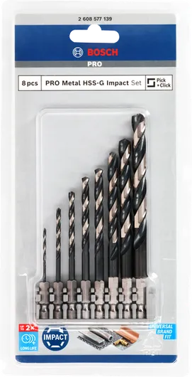 Jeu de 8 forets hélicoïdaux à percussion Bosch PRO Metal HSS-G.