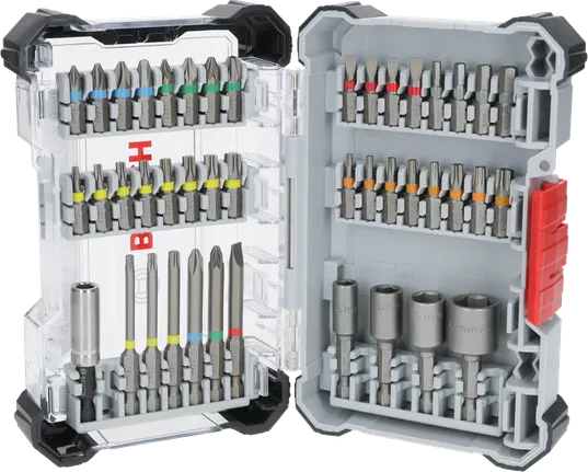 Coffret d'embouts de tournevis extra durs Bosch 43 pièces dans une vitrine.