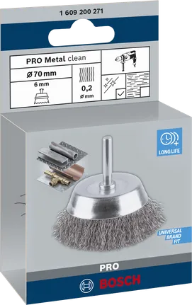 Brosse à godet Bosch PRO Metal Clean 70 mm pour le nettoyage des métaux.