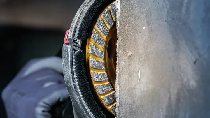 Une personne portant un équipement de sécurité utilise une lame diamantée pour couper le béton.