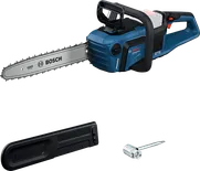 Tronçonneuse sans fil Bosch GKE 18V-40 avec couvercle et outil.