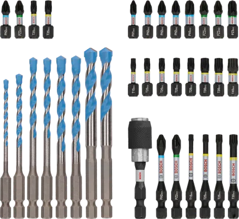 Coffret mixte Bosch PRO Impact avec 35 embouts de perçage et de vissage.