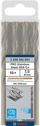 Jeu de forets Bosch PRO en acier inoxydable HSS-Co de 7,5 mm.