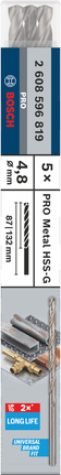 Pack de forets Bosch PRO Metal HSS-G 4,8 mm, longue durée de vie.