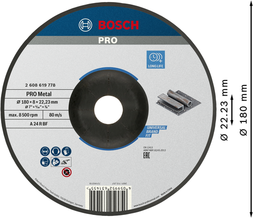 Disque à meuler Bosch PRO à liant métallique 180 x 8 x 22,23 mm.