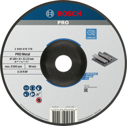 Disque à meuler Bosch PRO à liant métallique 180 x 8 x 22,23 mm.