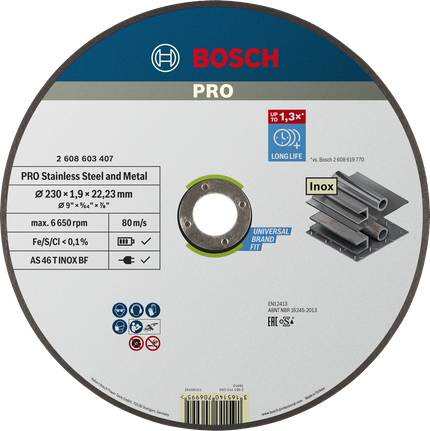 Disque à tronçonner Bosch PRO pour acier inoxydable et métaux 230 mm.