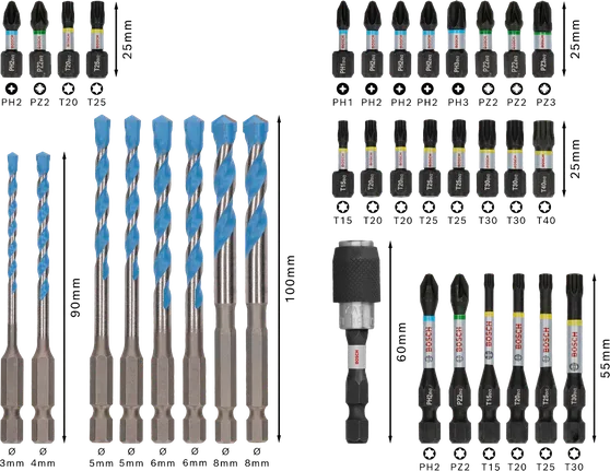 Coffret mixte Bosch PRO Impact 35 pièces avec embouts de perçage et de vissage.