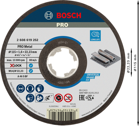 Disque de coupe Bosch PRO à liant métallique 115 x 1,6 x 22,23 mm X-Lock.