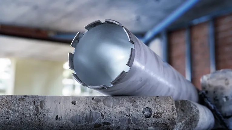 Trépan diamanté placé sur une surface en béton à l'intérieur.