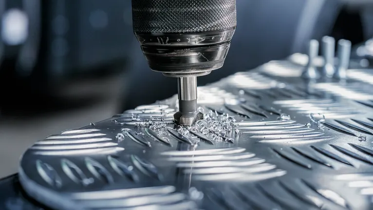 Perceuse créant un trou dans une surface en tôle texturée, copeaux de métal éparpillés tout autour.