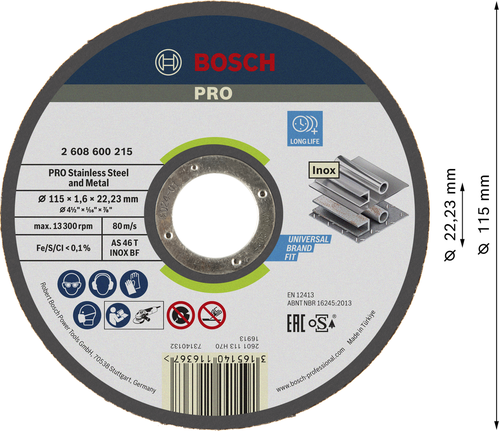 Disque à tronçonner Bosch PRO pour acier inoxydable et métaux 115 mm.
