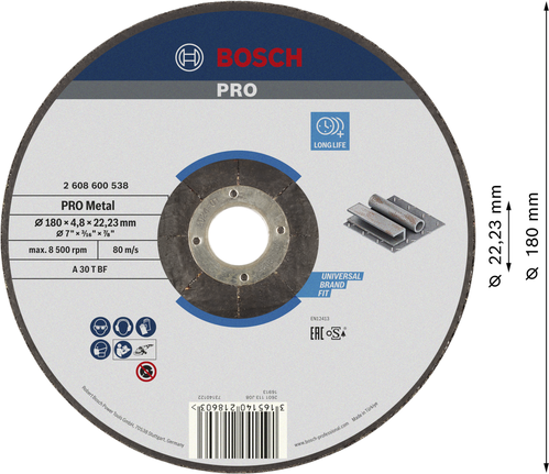 Disque à meuler Bosch PRO à liant métallique, diamètre 180 mm.