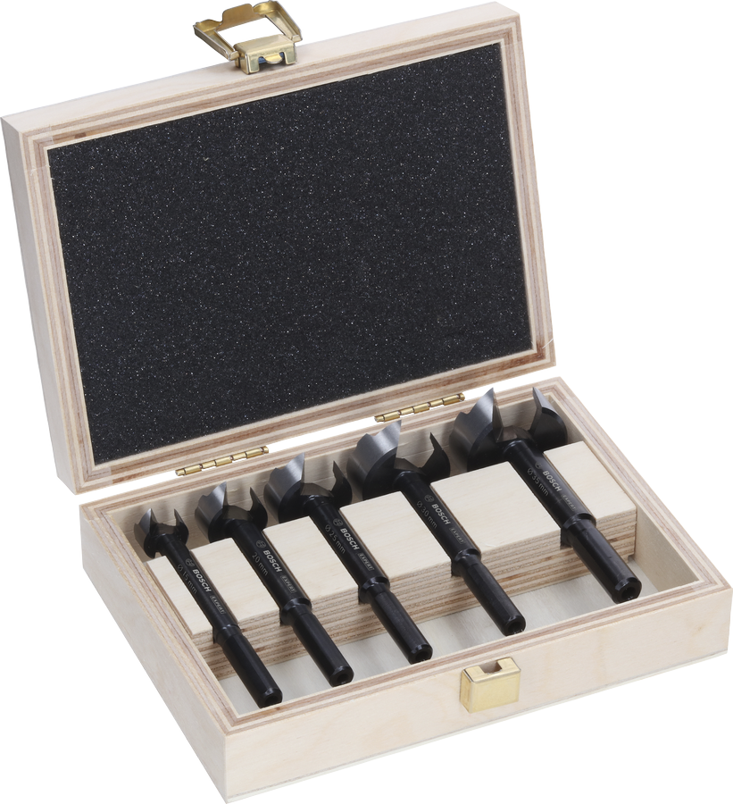 Coffret de 5 forets Forstner Bosch EXPERT Wood dans un coffret.