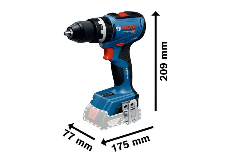Perceuse sans fil Bosch GSB 18V-65, hauteur 209 mm.