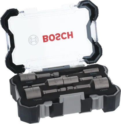 Coffret de 6 douilles Bosch 6-13 mm dans un coffret de rangement.