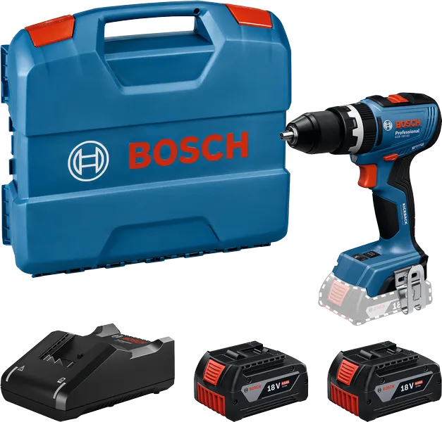 Ensemble de perceuse-visseuse sans fil Bosch GSB 18V-65 avec coffret et batteries.