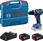 Ensemble de perceuse-visseuse sans fil Bosch GSB 18V-65 avec coffret et batteries.
