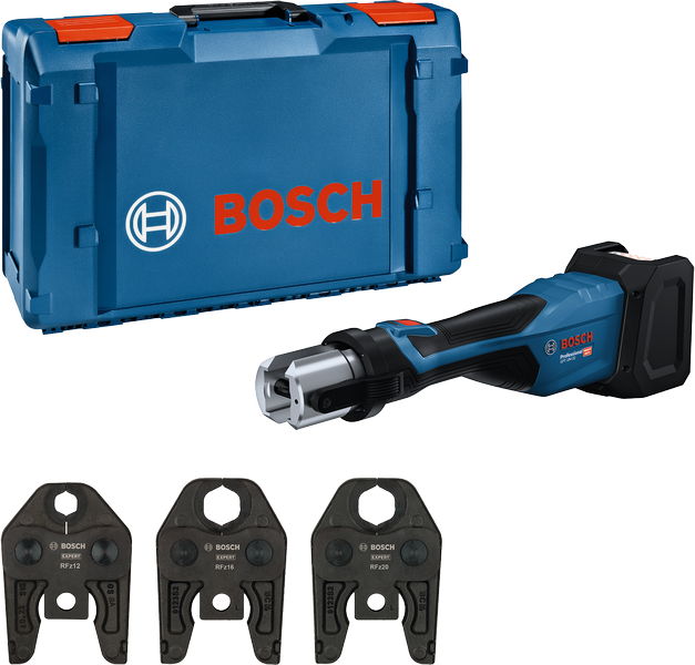 Outil de pressage Bosch 18V-32 avec trois mâchoires de pressage et étui.