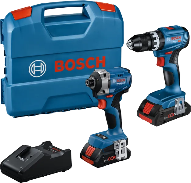 Ensemble d'outils Bosch 18 V 2 avec perceuse, visseuse à percussion et étui.