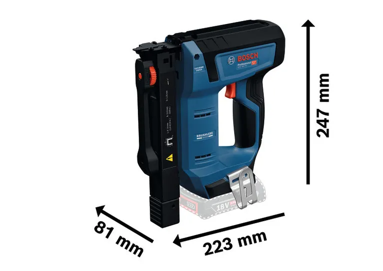 Agrafeuse à bois sans fil Bosch GTH 18V-14 avec dimensions de taille.