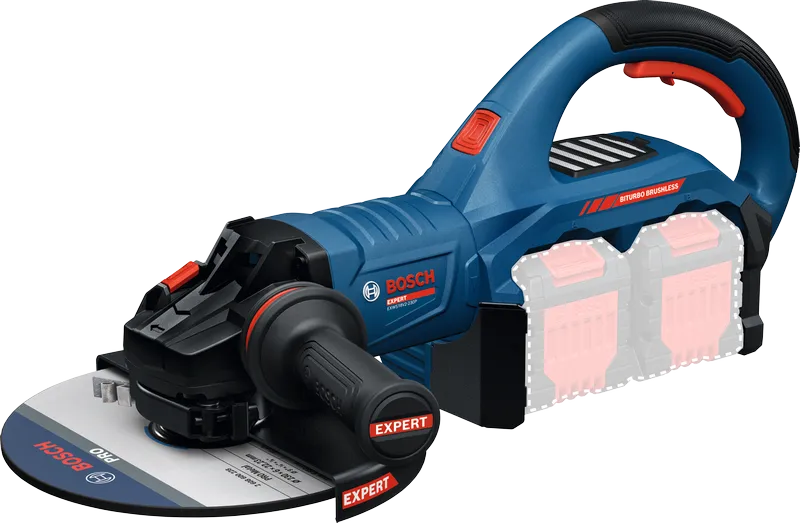 Meuleuse d'angle sans fil Bosch EXWS18V2-230P avec poignée latérale.
