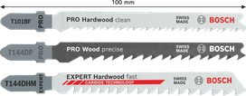 Lames de scie sauteuse Bosch PRO Wood Set pour une coupe nette et précise du bois dur.