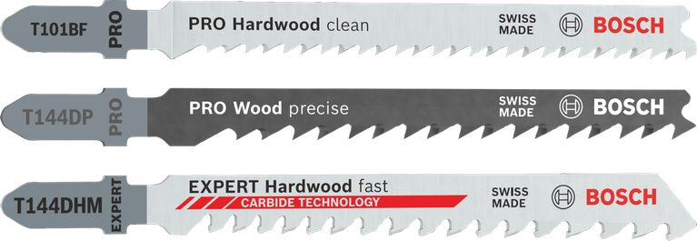 Lames de scie sauteuse Bosch PRO Wood Set pour une coupe nette, précise et rapide du bois dur.