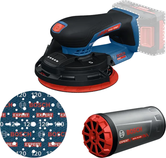 Ponceuse Bosch EXEX18V-150-5 avec disque de ponçage et filtre HEPA.