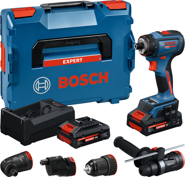 Ensemble de perceuse sans fil Bosch EXSR18V-90FC avec accessoires.
