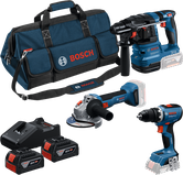 Coffret à outils Bosch 18V 3 avec sac, chargeur et batteries.