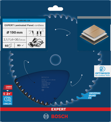 Lame de scie circulaire sans fil Bosch EXPERT pour panneaux stratifiés 190 mm.