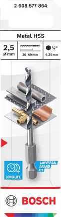 Foret hélicoïdal Bosch en acier rapide pour métaux, queue hexagonale de 2,5 mm.