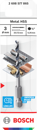 Foret hélicoïdal Bosch en acier rapide pour métaux, 3 mm, à queue hexagonale.