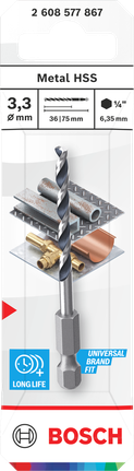 Foret hélicoïdal Bosch en acier rapide pour métaux, 3,3 mm, queue hexagonale de 1/4 pouce.