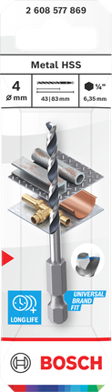 Foret hélicoïdal Bosch en acier rapide pour métaux, 4 mm, queue hexagonale de 1/4 pouce.