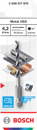 Foret hélicoïdal Bosch en acier rapide pour métaux, 4,2 mm, à queue hexagonale.