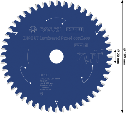 Lame de scie circulaire sans fil Bosch EXPERT pour panneaux stratifiés, 160 mm 48T.