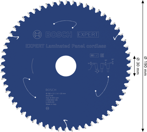 Lame de scie circulaire sans fil Bosch EXPERT pour panneaux stratifiés, diamètre 190 mm.